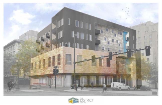 A rendering of The District and its 3 story addition to the Lerner Building.